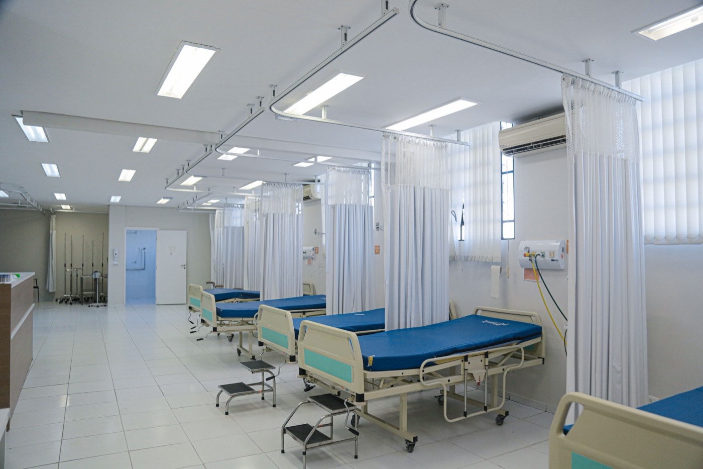 Beds along a hospital ward